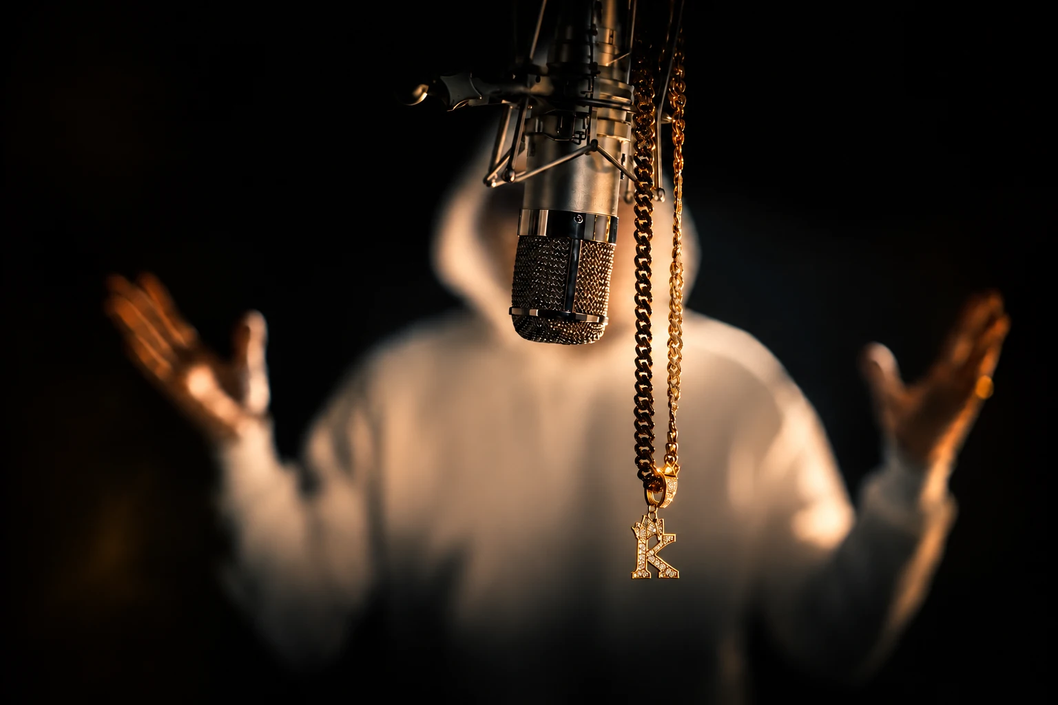 Micro de studio et pendentif K devant KieneS en capuche blanche